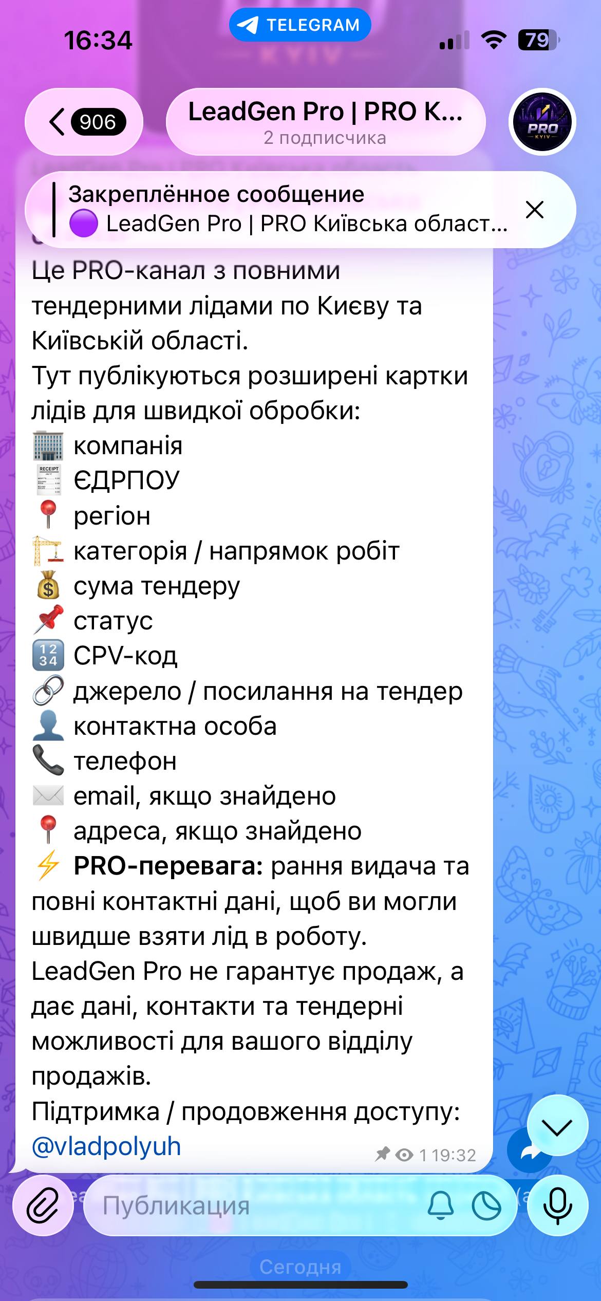 Telegram на iPhone з описом PRO-каналу